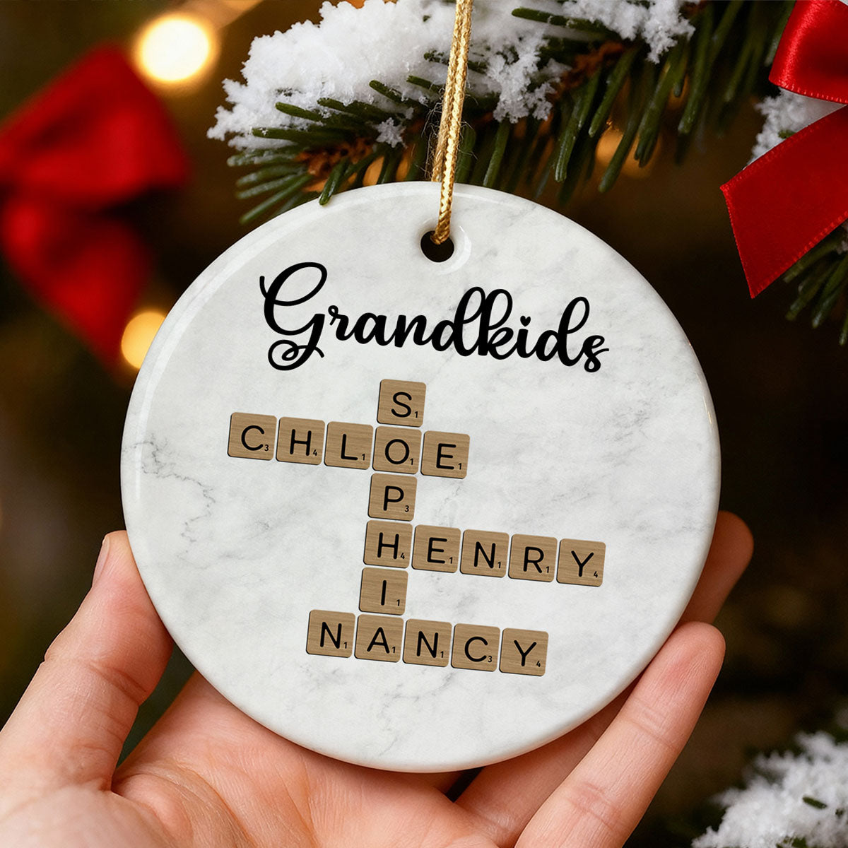 Grandkids Crossword Art - Personalized Ceramic Ornament - Sentimental Gift for Grandma Grandpa Grandkids