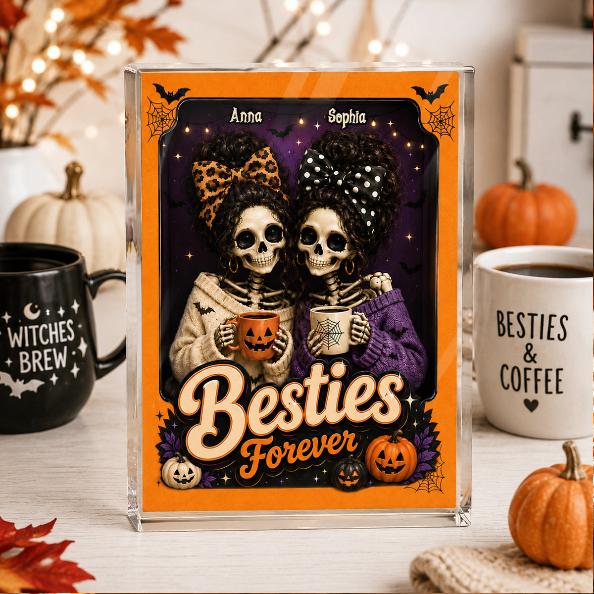 Besties Forever Skeleton Halloween - Personalized Acrylic Block Plaque - Halloween Decor Gift, Gift For Besties