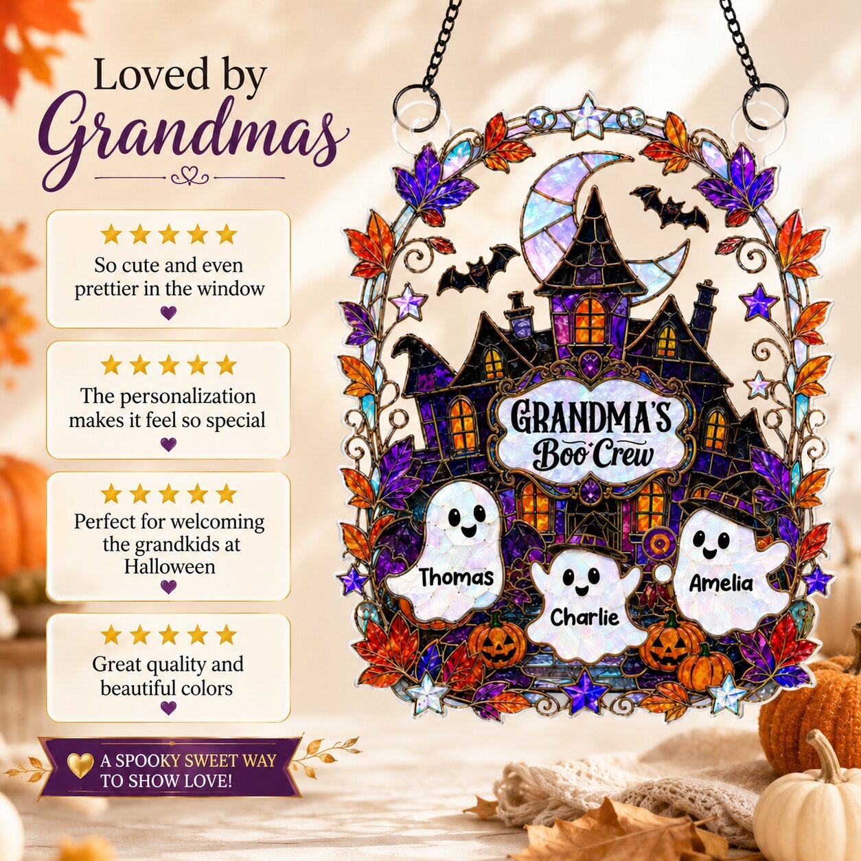 Whimsical Grandma's Boo Crew Haunted House - Personalized Acrylic Window Hanging - Halloween Decoration For Grandma