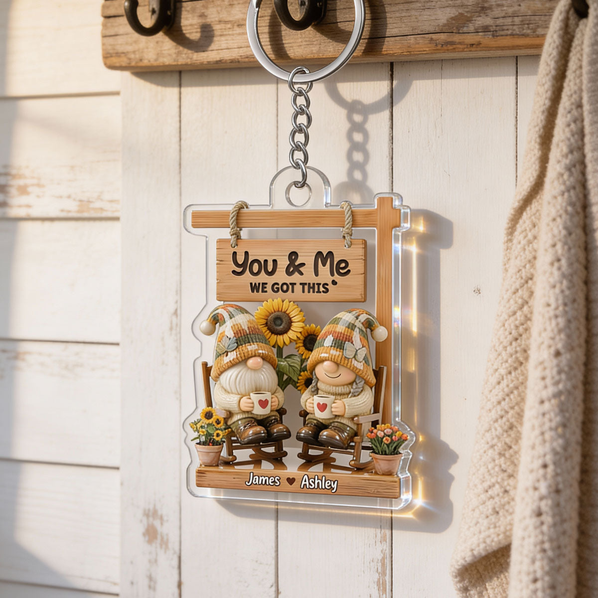 3D Effect Gnome Couple Sitting On Rocking Chair - Personalized Acrylic Keychain - Anniversary, Valentine's Day Gift For Him, Gift For Her