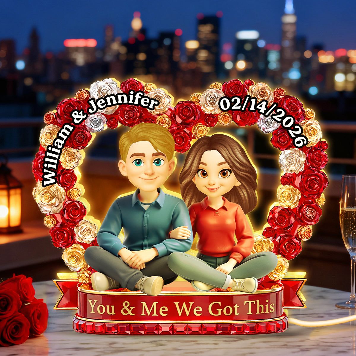 Flower Heart Couple Sitting Together - Personalized Light Box - Gift for Couple
