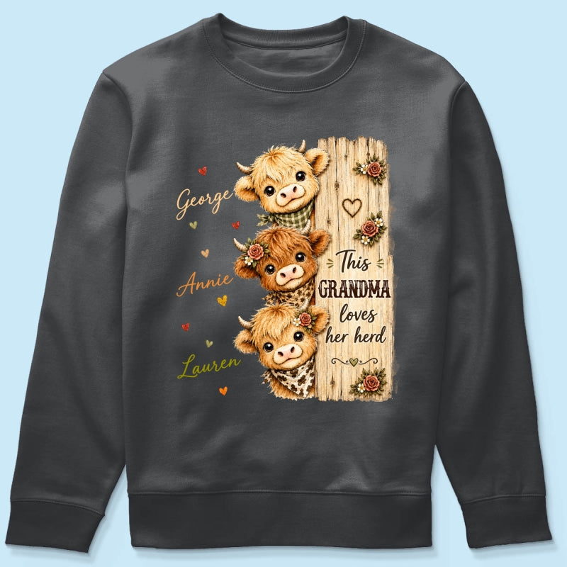 This Grandma Loves Her Herd Highland Cow - Personalized Shirt - Trendy Cozy Fall Shirt for Grandma