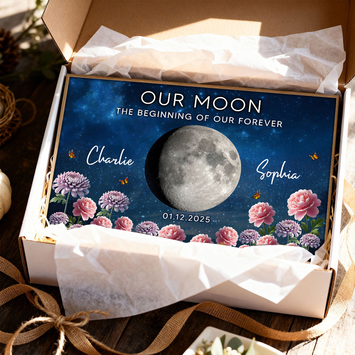 Couple Custom Moon Phase Anniversary Date Birth Month Flowers - Personalized Poster - Valentine's Day Gift For Couple