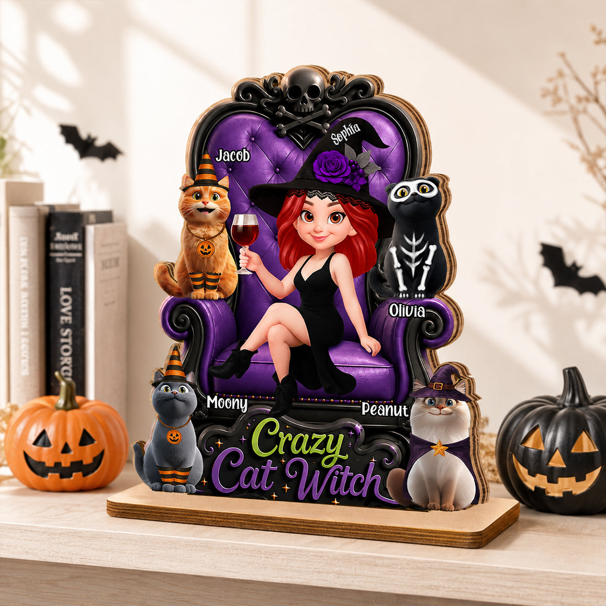 Crazy Cat Witch Halloween - Personalized 2-Layered Wooden Plaque - Halloween Decor for Cat Lovers