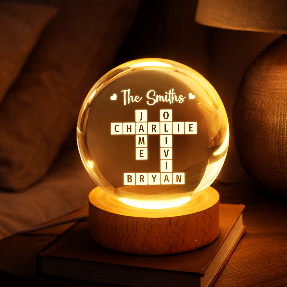 Family Crossword Puzzle Art - Personalized Crystal Ball LED Night Light - Heartfelt Gift For Grandma, Gift For Mom