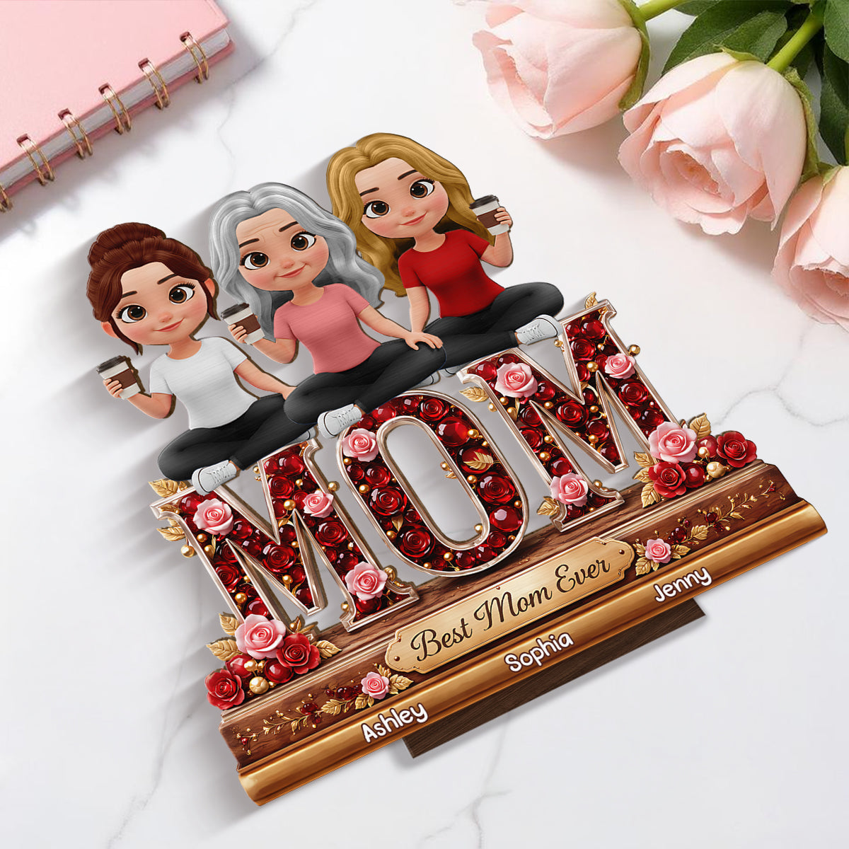 Best Mom Ever Mom And Daughters - Personalized 2-Layered Wooden Plaque - Heartfelt Gift For Mom, Grandma