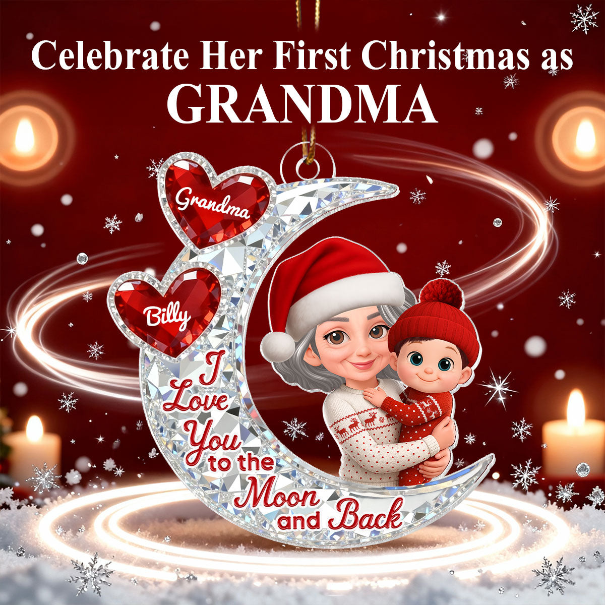 3D Effect Flat Moon Grandma Grandkid Love You To The Moon And Back - Personalized Acrylic Ornament - Christmas Gift For All Grandkids