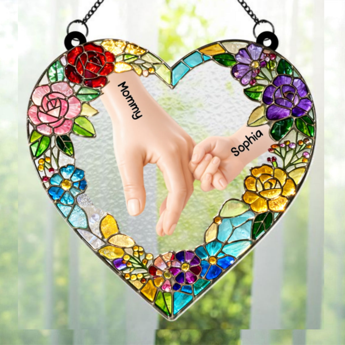 Kids Holding Mom Hand - Personalized Window Hanging Suncatcher - Mother's Day Gift for Mom, Wife