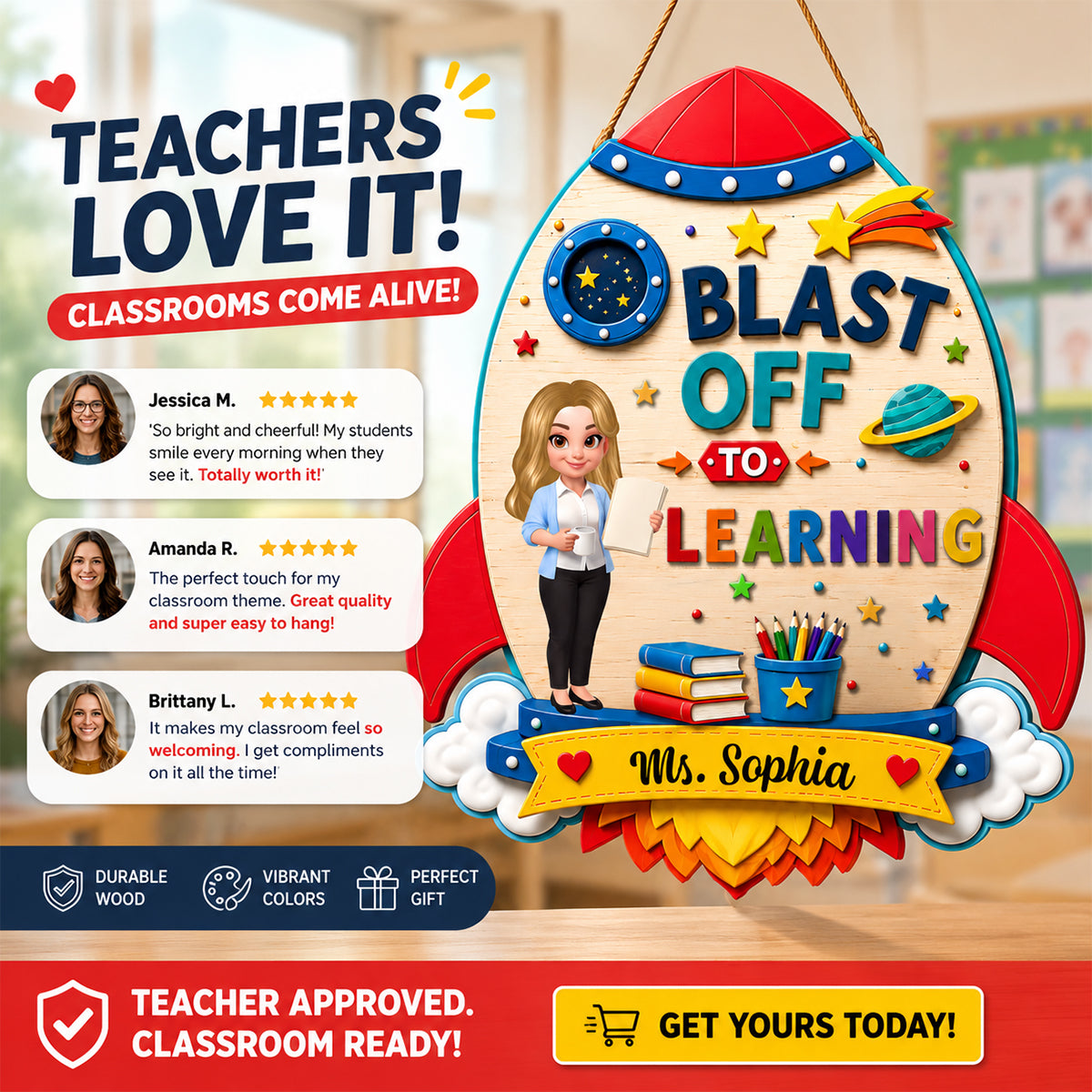 Blast Off To Learning Teacher - Personalized Wood Sign - Back To School Gift For Teacher, Classroom Decor