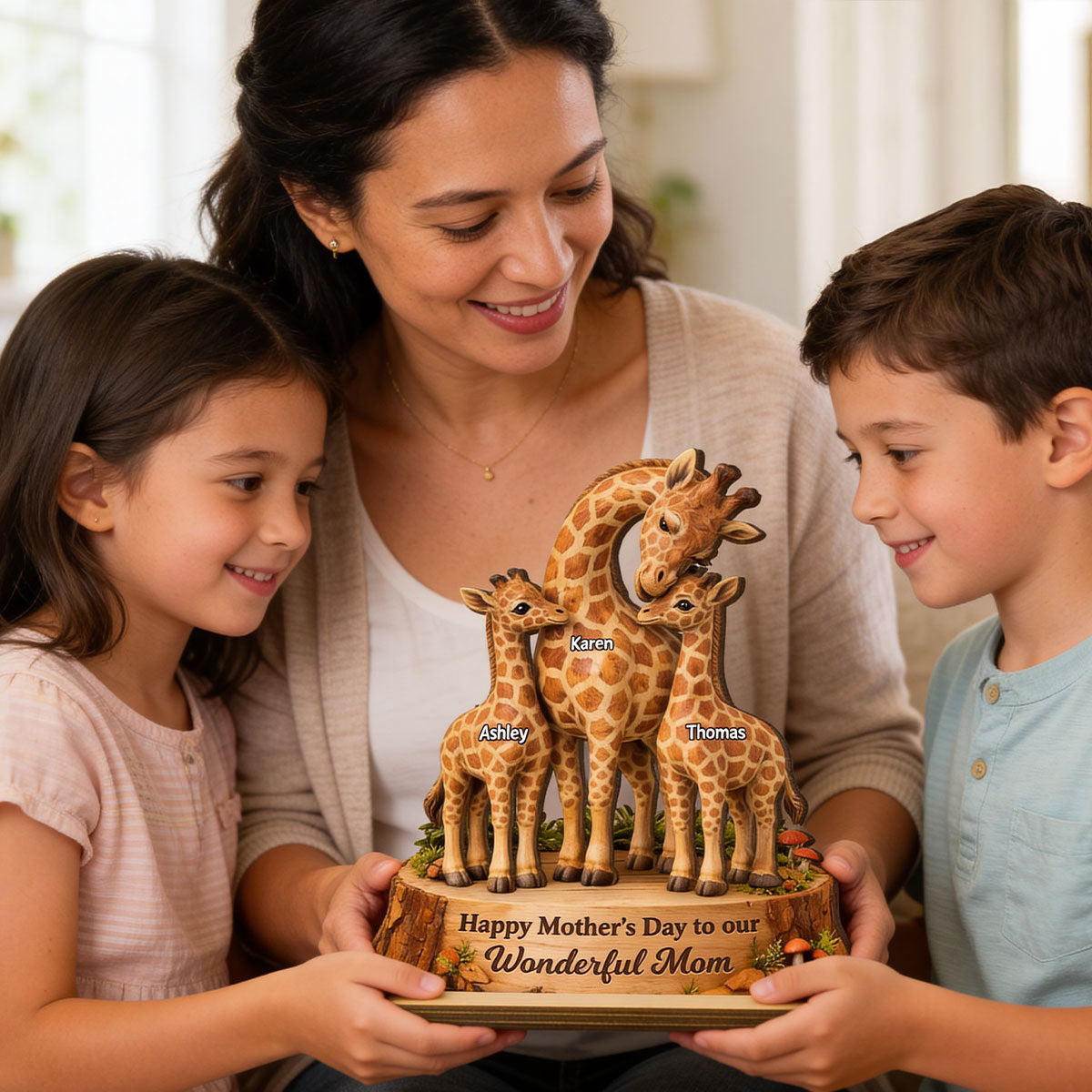 Happy Mother's Day Giraffe Mom - Personalized 2-Layered Wooden Plaque - Heartfelt Mother's Day Gift for Mom, Wife