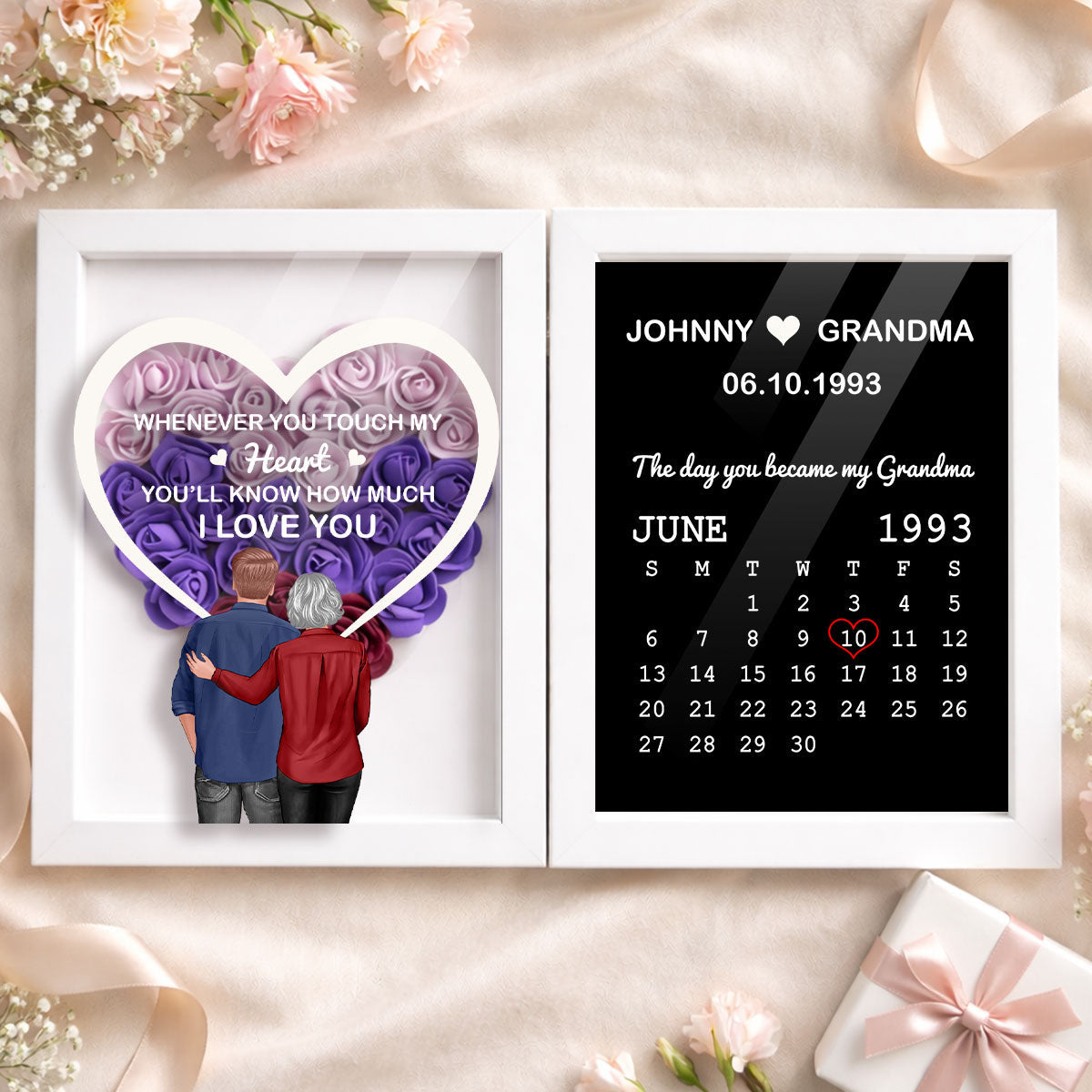 Whenever You Touch My Heart You'll Know How Much I Love You - Personalized Flower Shadow Box - Gift For Grandma