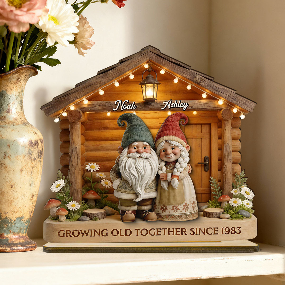 Eternal Love Gnome Couple At Wooden Cabin - Personalized 2-Layered Wooden Plaque - Heartfelt Gift For Couple