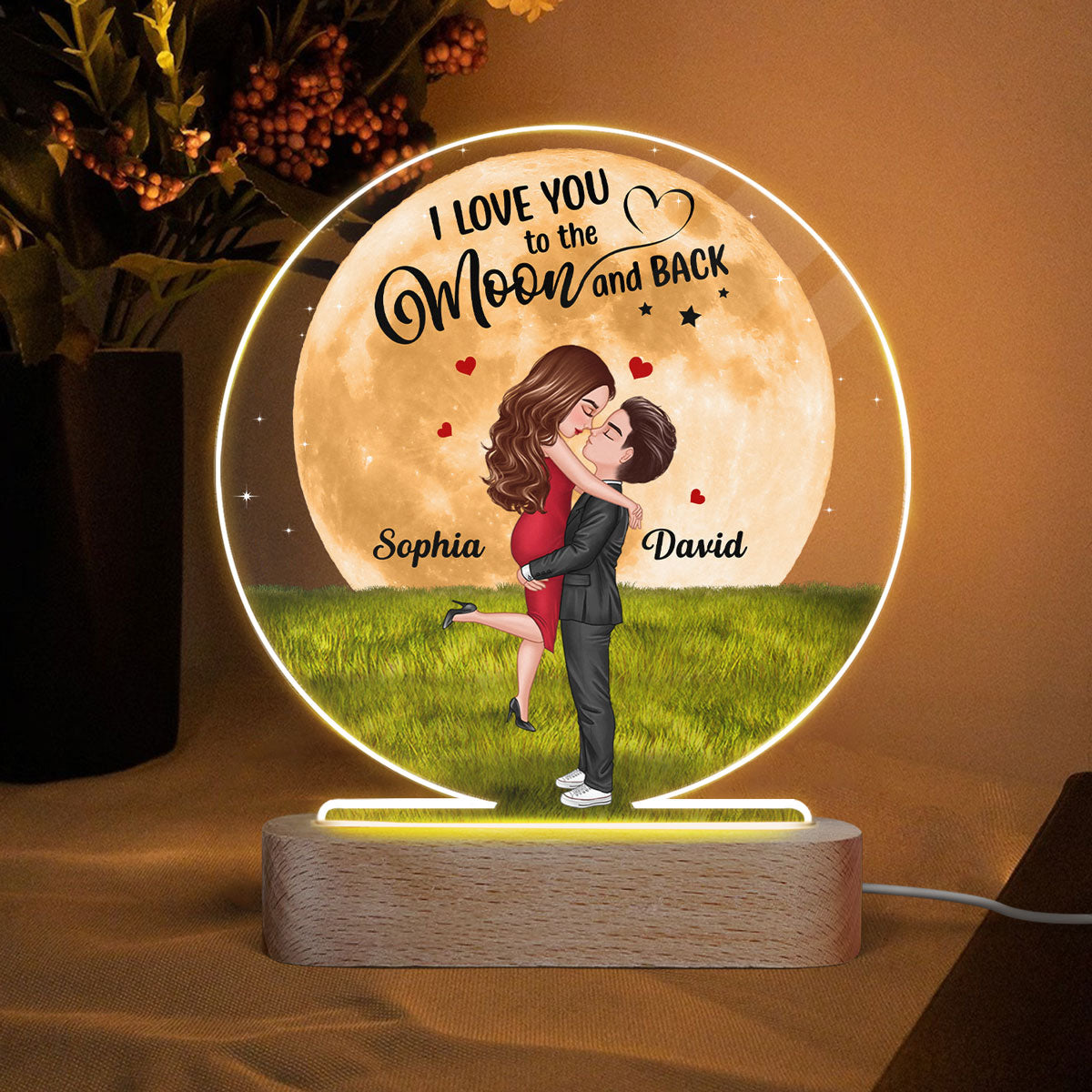 Big Moon Hugging Couple Personalized Circle Acrylic LED Night Light LED Lamp