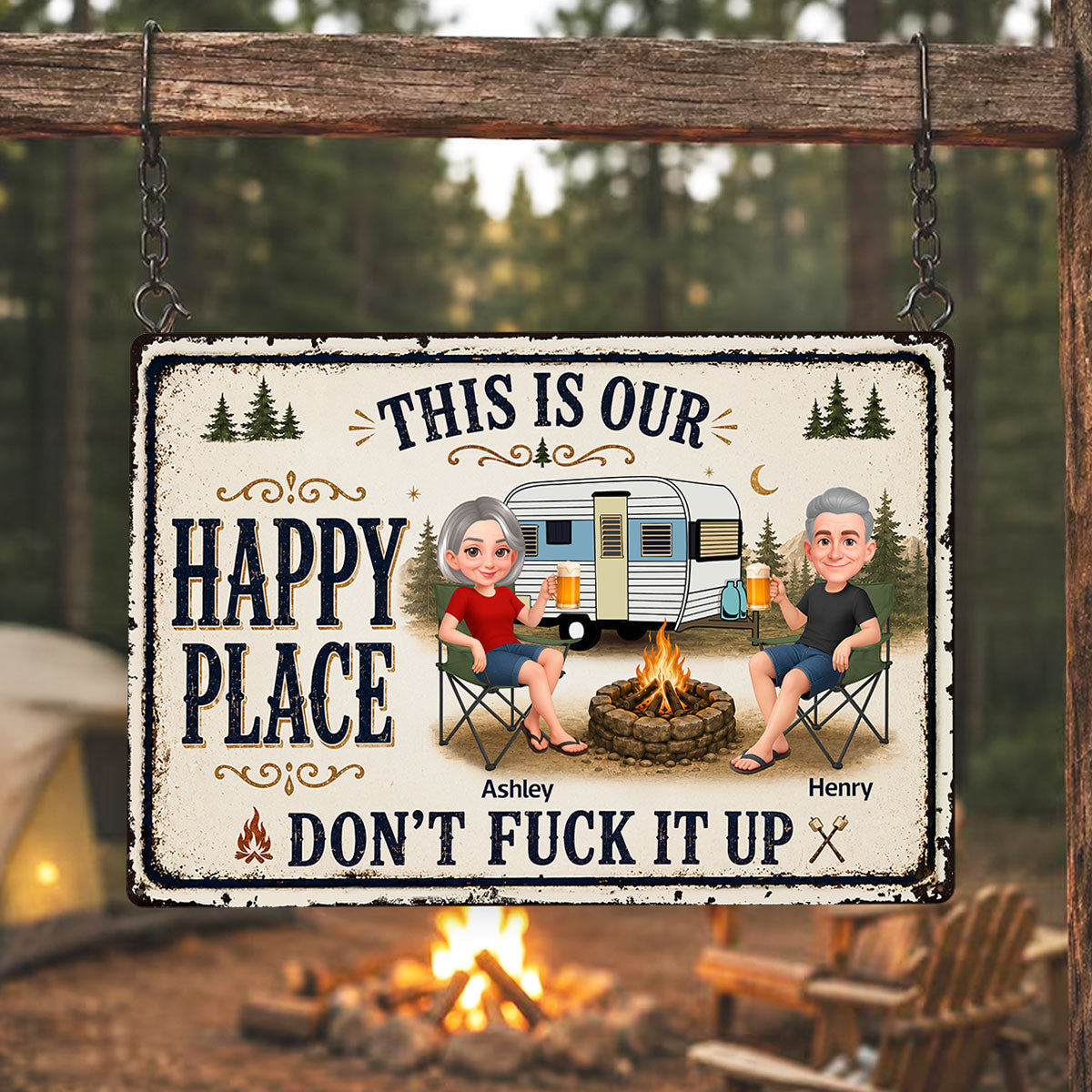 This Is Our Happy Place Camping Couple - Personalized Metal Sign - Funny Sarcasm Decoration For Campsite
