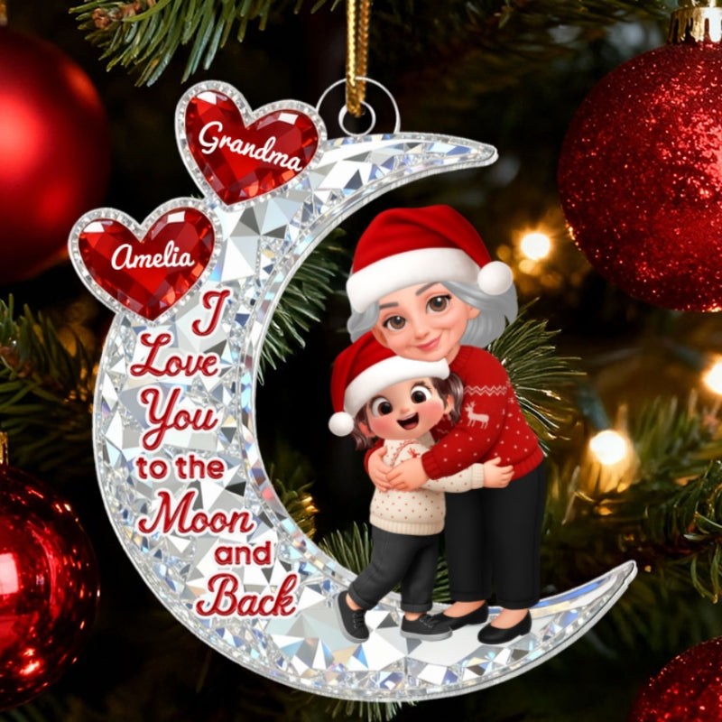 3D Effect Flat Grandma Hugging Grandkid On Moon - Personalized Acrylic Ornament - Gift For Grandma, Grandkids