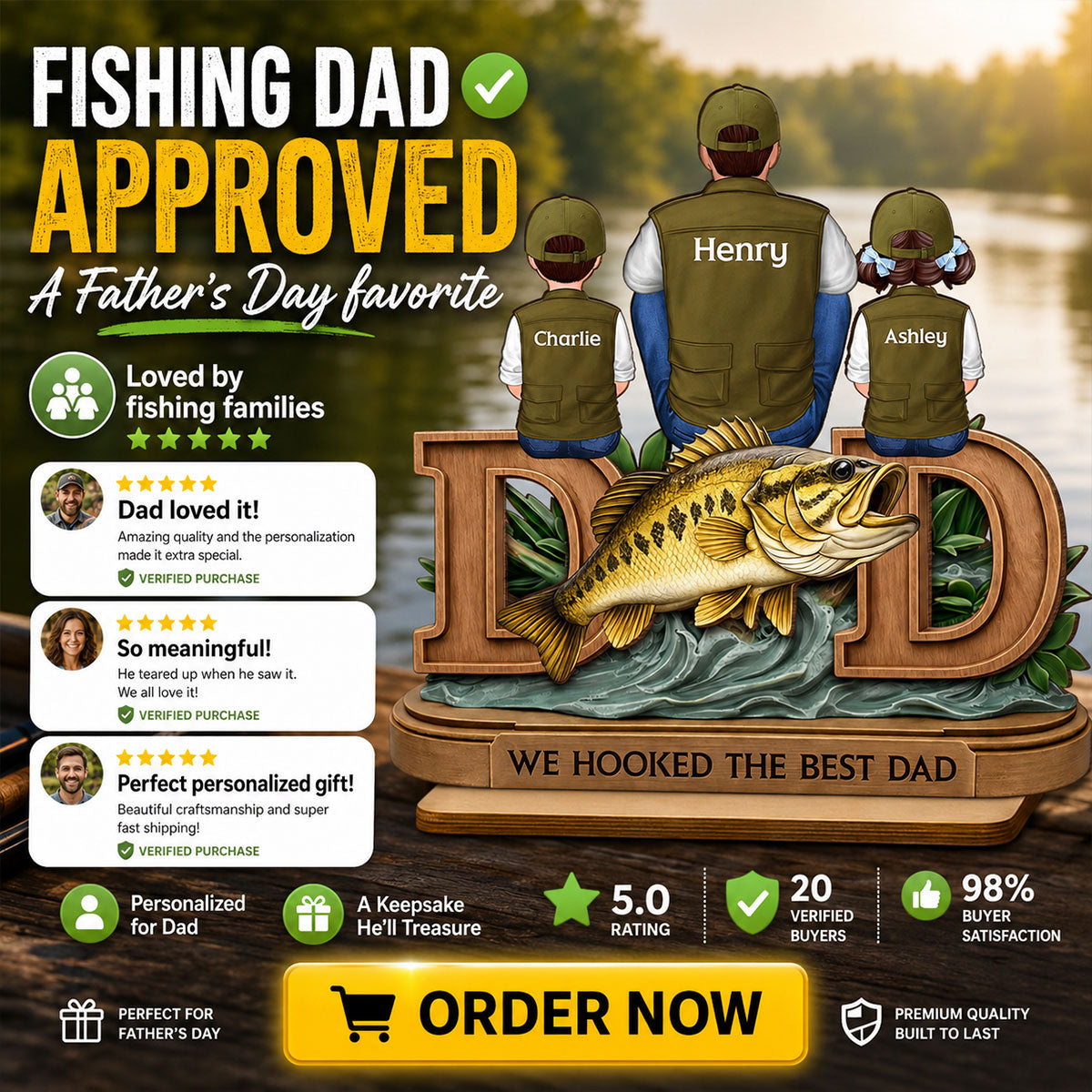 Fishing Dad And Kids Sitting Together - Personalized 2-Layered Wooden Plaque - Heartfelt Gift For Dad, Gift For Husband