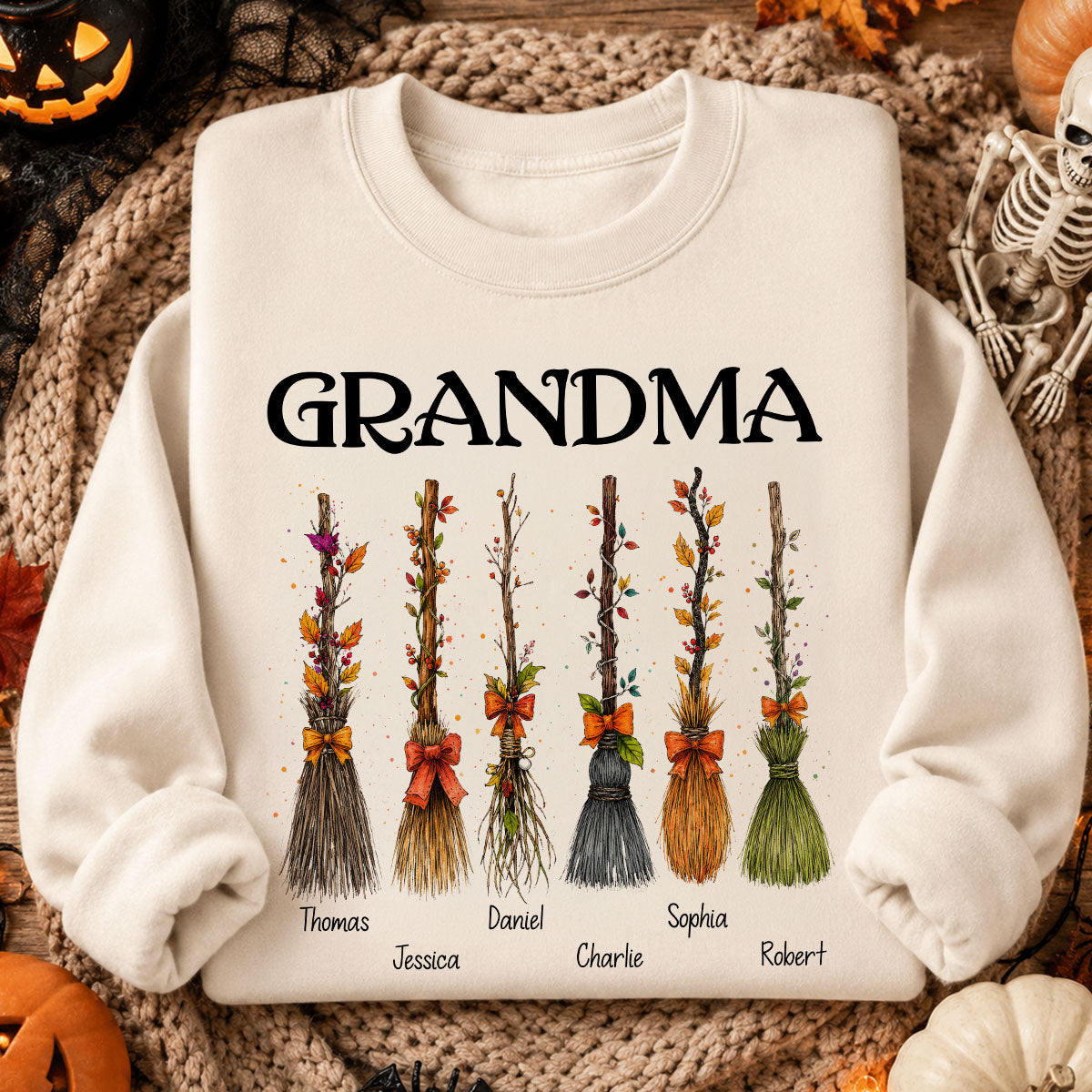 Grandma Witch Beautiful Broomsticks Custom Grandkids Names - Personalized Shirt - Halloween Gift For Grandma