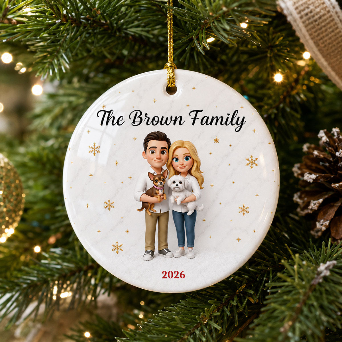 Cartoon Family Portrait From Photo 2D Flat - Personalized Ceramic Ornament - Christmas Keepsake