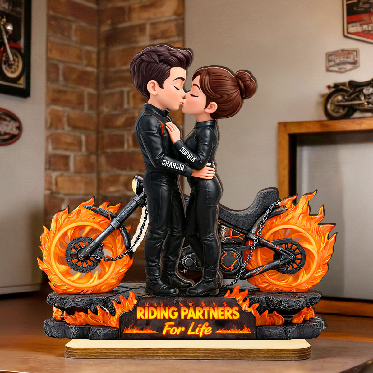 Biker Couple Fire - Personalized 2-Layered Wooden Plaque - Sentimental Gift for Her, for Him