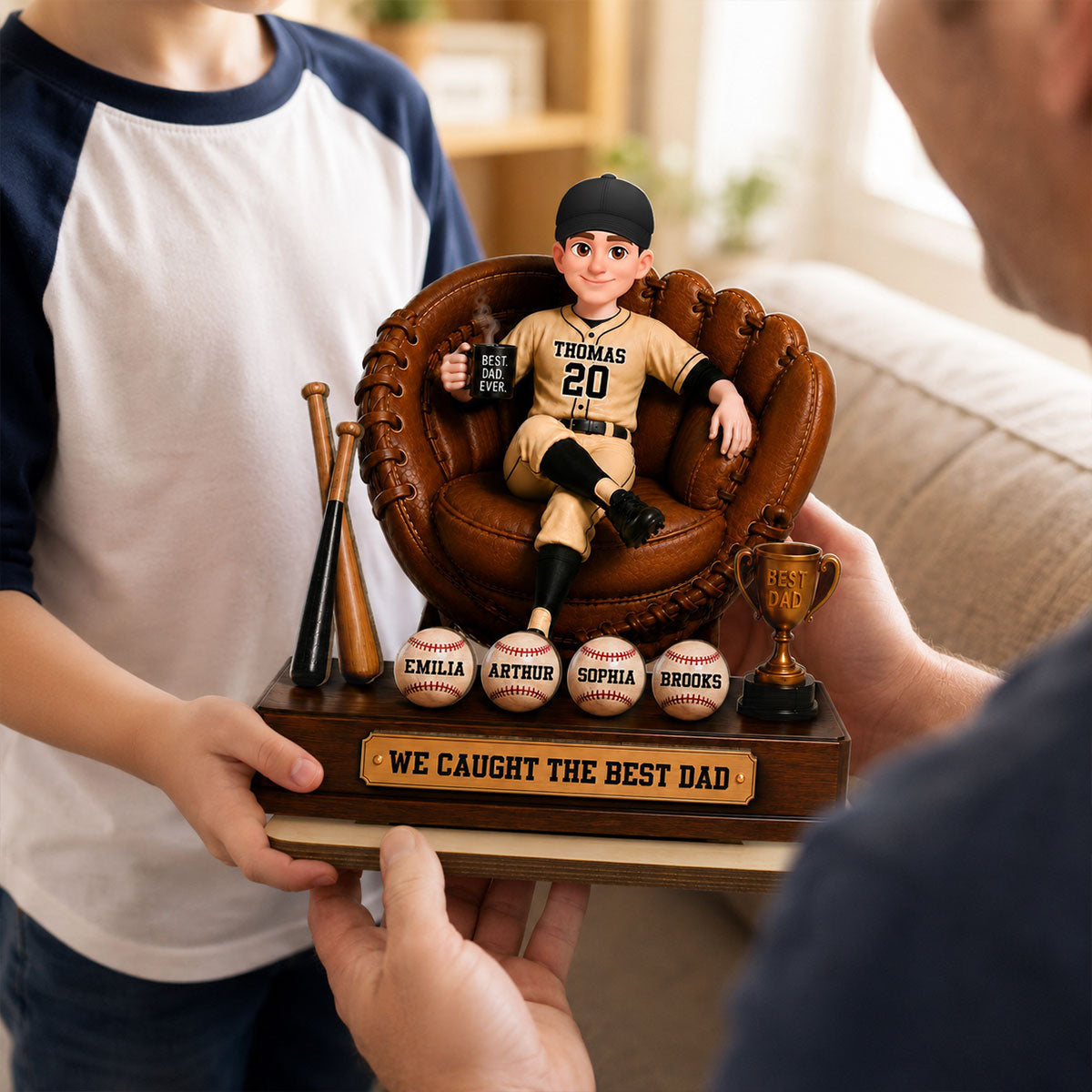 Baseball Dad Sitting On Glove With Kids Names 2D Flat - Personalized Wooden Plaque