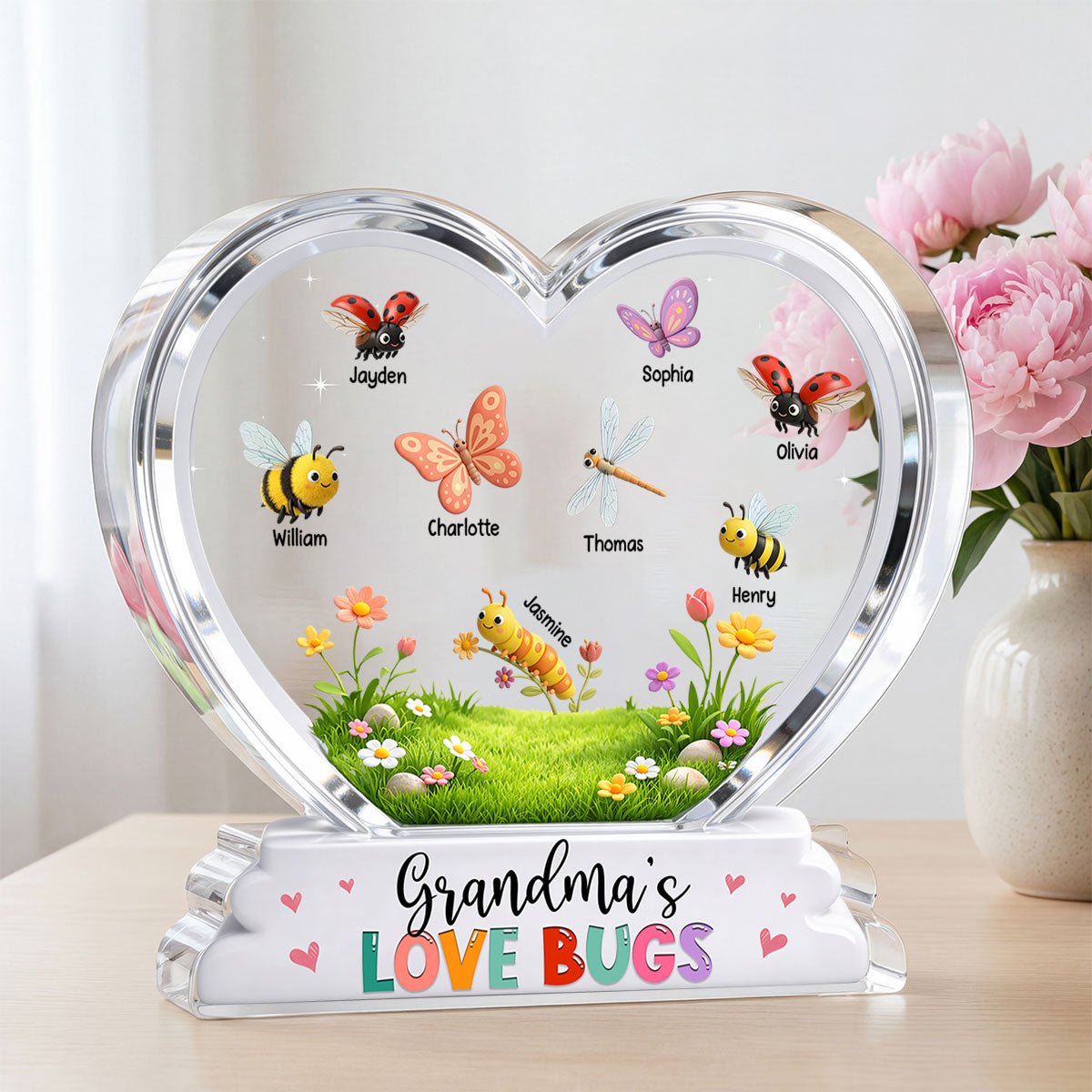 Grandma's Love Bugs Custom Grandkids Name - Personalized Acrylic Block Plaque - Mother's Day Gift For Grandma, Mom