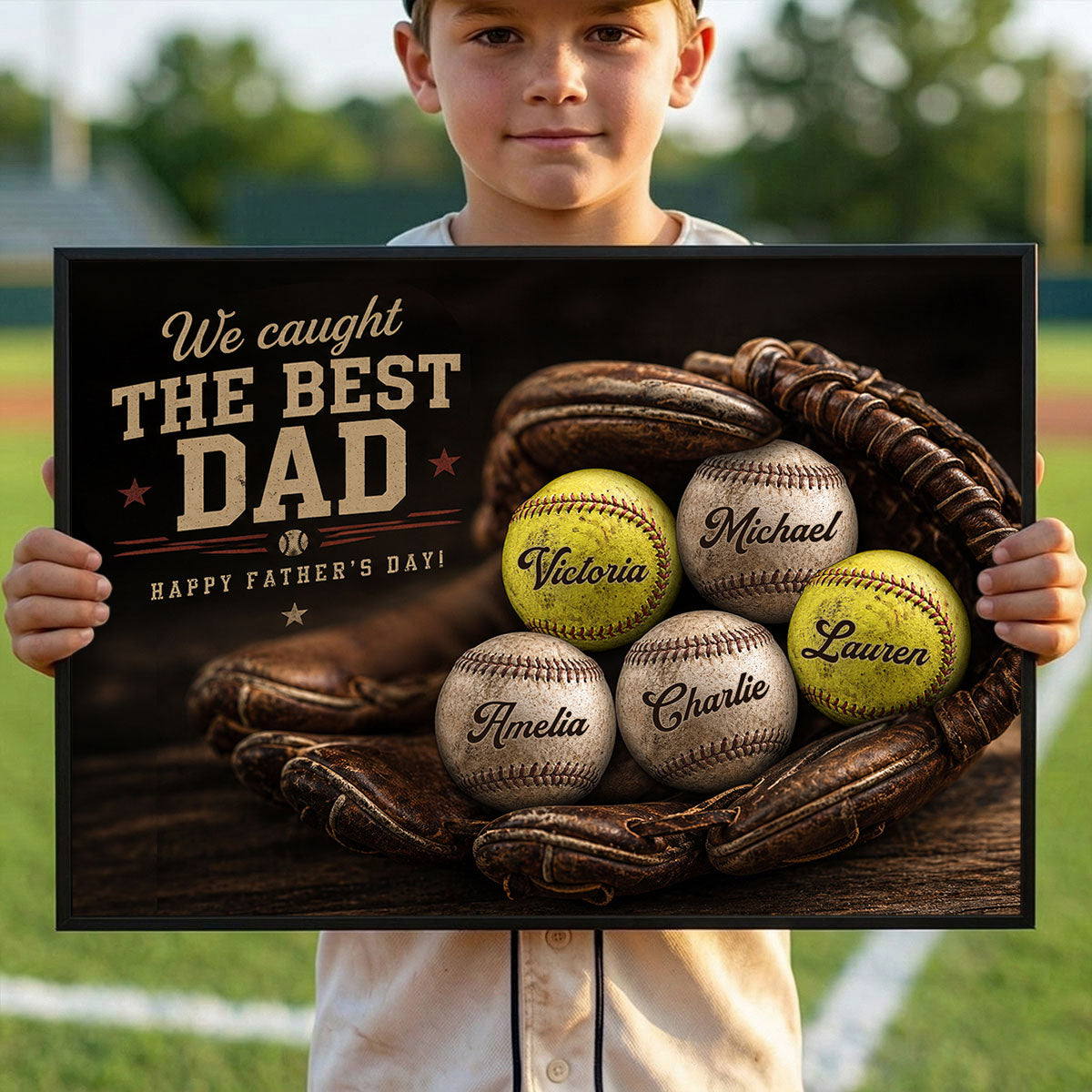 Vintage Baseball Gear We Caught the Best Dad - Personalized Poster - Father's Day Gift for Husband, Dad
