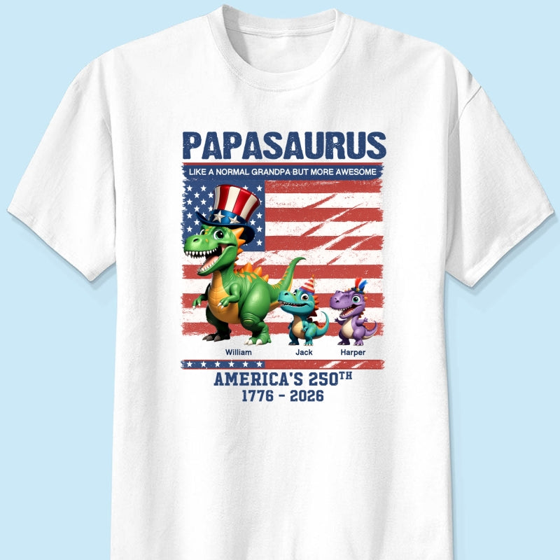 Grandpasaurus And Kids 3D Effect Dinosaurs - Personalized Shirt - American's 250th Anniversary Keepsake 4th Of July Independence Day Celebration