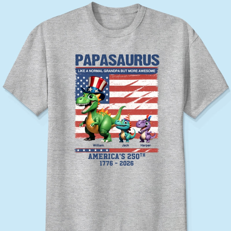 Grandpasaurus And Kids 3D Effect Dinosaurs - Personalized Shirt - American's 250th Anniversary Keepsake 4th Of July Independence Day Celebration
