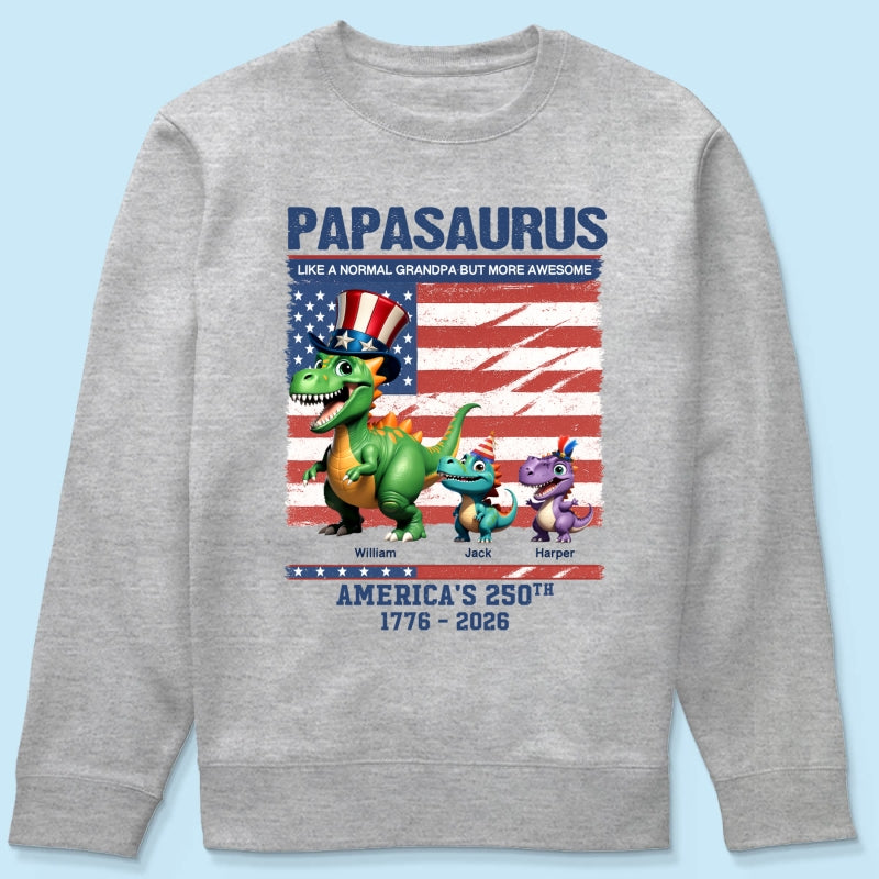 Grandpasaurus And Kids 3D Effect Dinosaurs - Personalized Shirt - American's 250th Anniversary Keepsake 4th Of July Independence Day Celebration