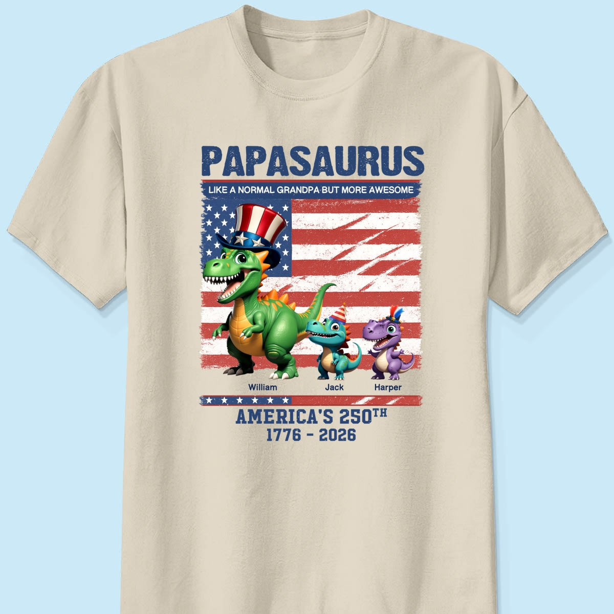 Grandpasaurus And Kids 3D Effect Dinosaurs - Personalized Shirt - American's 250th Anniversary Keepsake 4th Of July Independence Day Celebration