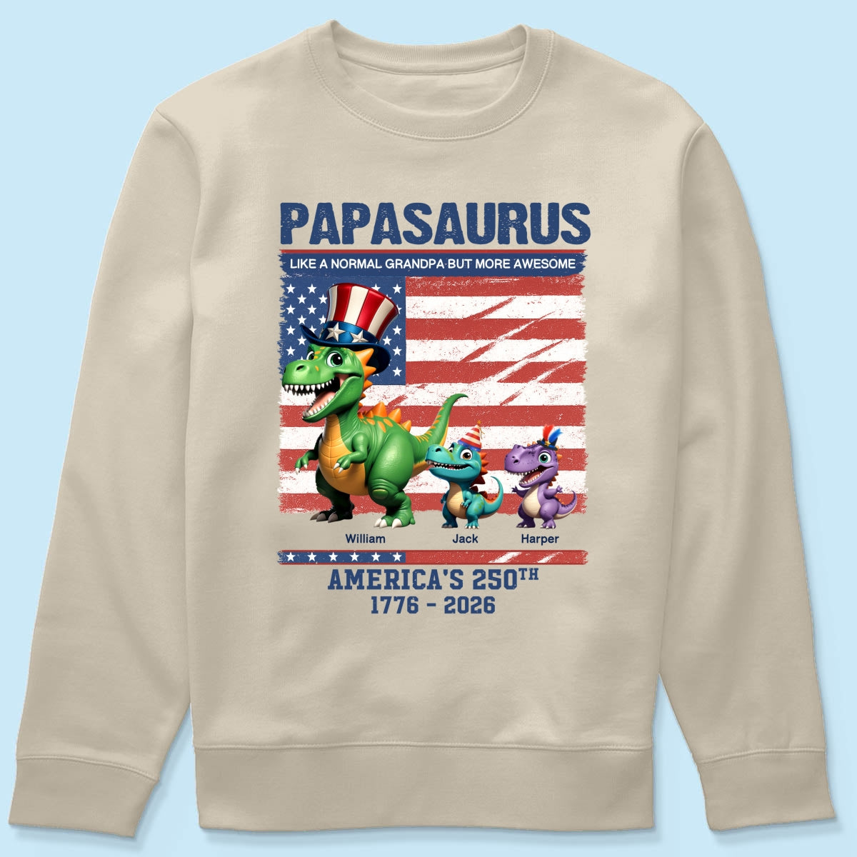 Grandpasaurus And Kids 3D Effect Dinosaurs - Personalized Shirt - American's 250th Anniversary Keepsake 4th Of July Independence Day Celebration