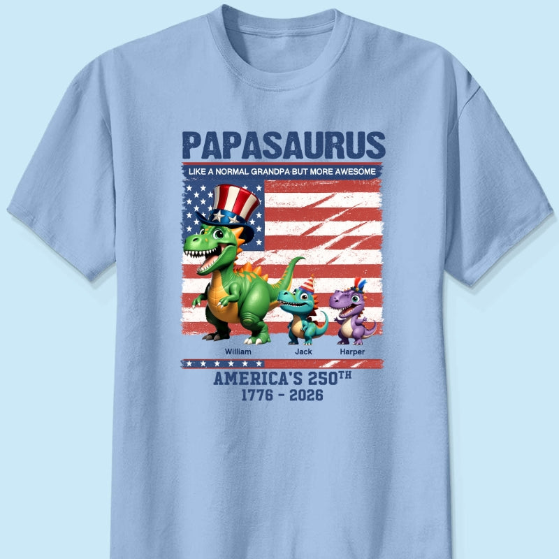 Grandpasaurus And Kids 3D Effect Dinosaurs - Personalized Shirt - American's 250th Anniversary Keepsake 4th Of July Independence Day Celebration