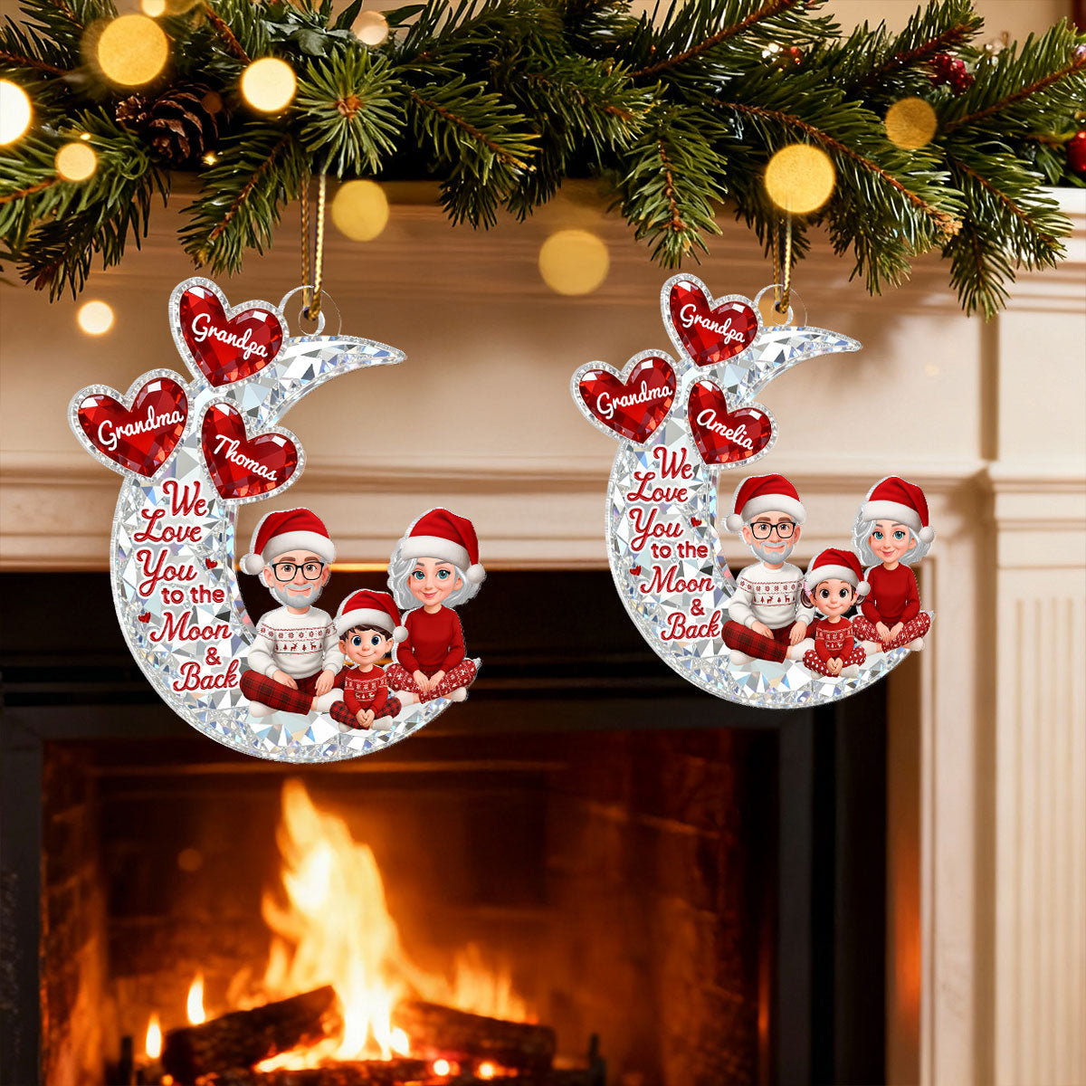 3D Effect Flat Moon Grandpa Grandma Grandkid Love You To The Moon And Back - Personalized Acrylic Ornament - Christmas Gift For All Grandkids
