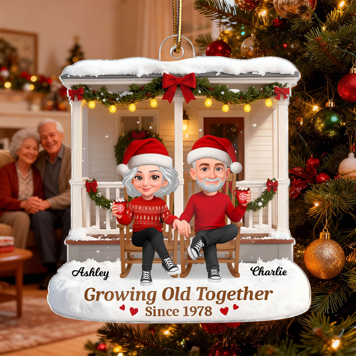 3D Effect Christmas Couple Sitting On Front Porch - Personalized Acrylic Ornament - Heartfelt Gift For Couple