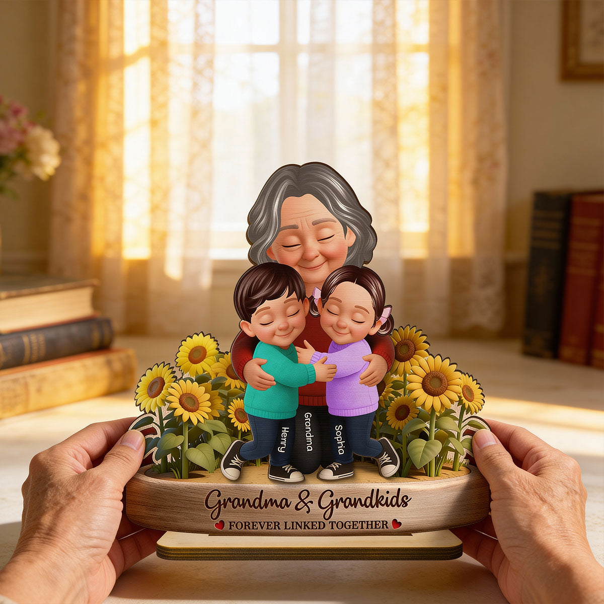 Grandma And Grandkids Forever Linked Together Sunflower Field - Personalized 2-Layered Wooden Plaque - Gift For Grandma