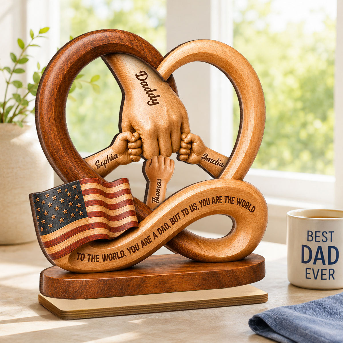Dad to Us You Are the World - Personalized 2-Layered Wooden Plaque -  Gift for Dad, Husband