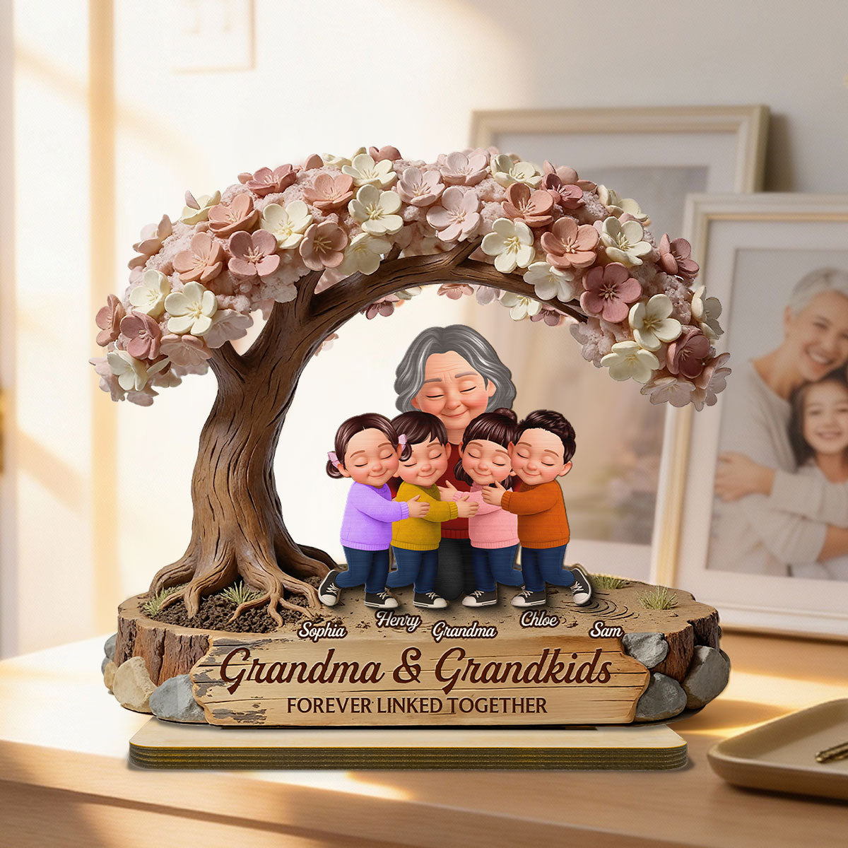 Grandma And Grandkids Under Blossom Tree - Personalized 2-Layered Wooden Plaque - Gift For Mom
