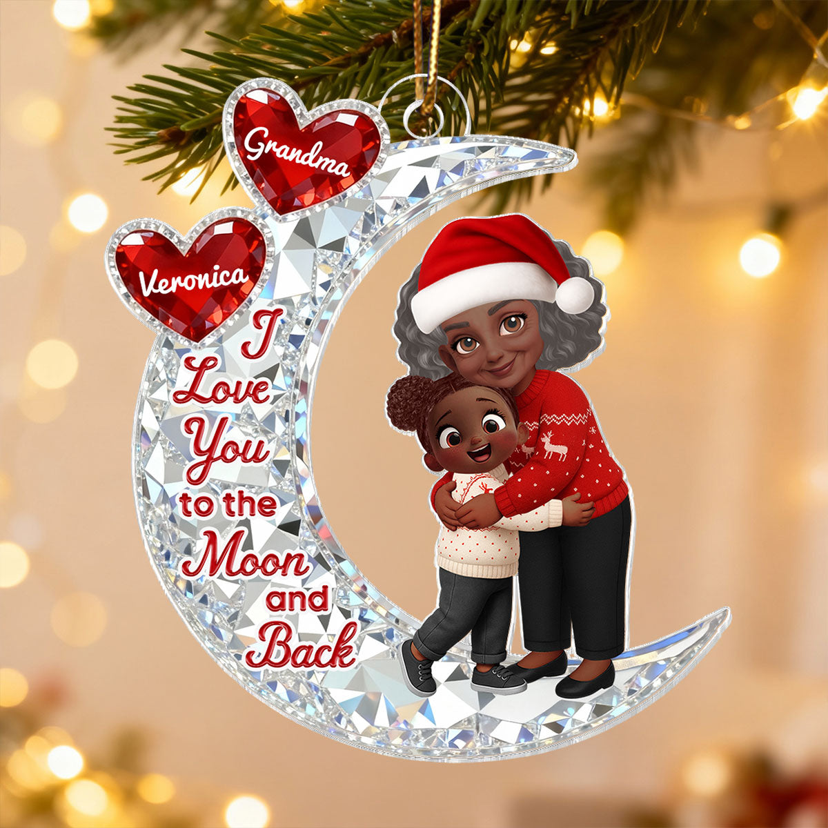 3D Effect Flat Grandma Hugging Grandkid On Moon - Personalized Acrylic Ornament - Gift For Grandma, Grandkids