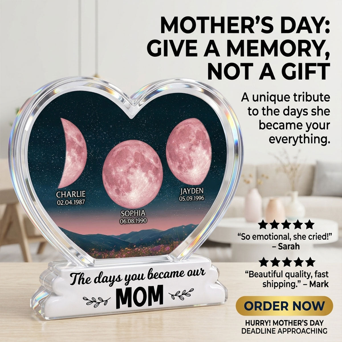 The Days You Became Our Mom Grandma Floral Custom Birth Moon Phase 2D Flat - Personalized Acrylic Block Plaque - Mother's Day Gift For Mom, Grandma