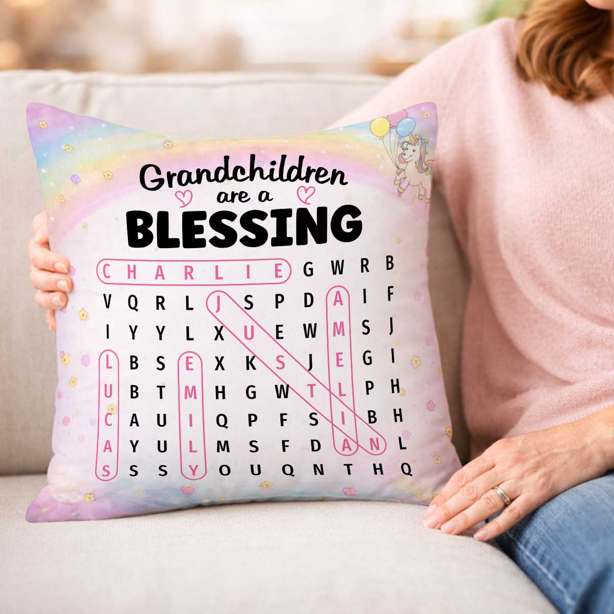 Grandchildren Are A Blessing Word Search Puzzle - Personalized Pillow - Heartfelt Gift for Grandma
