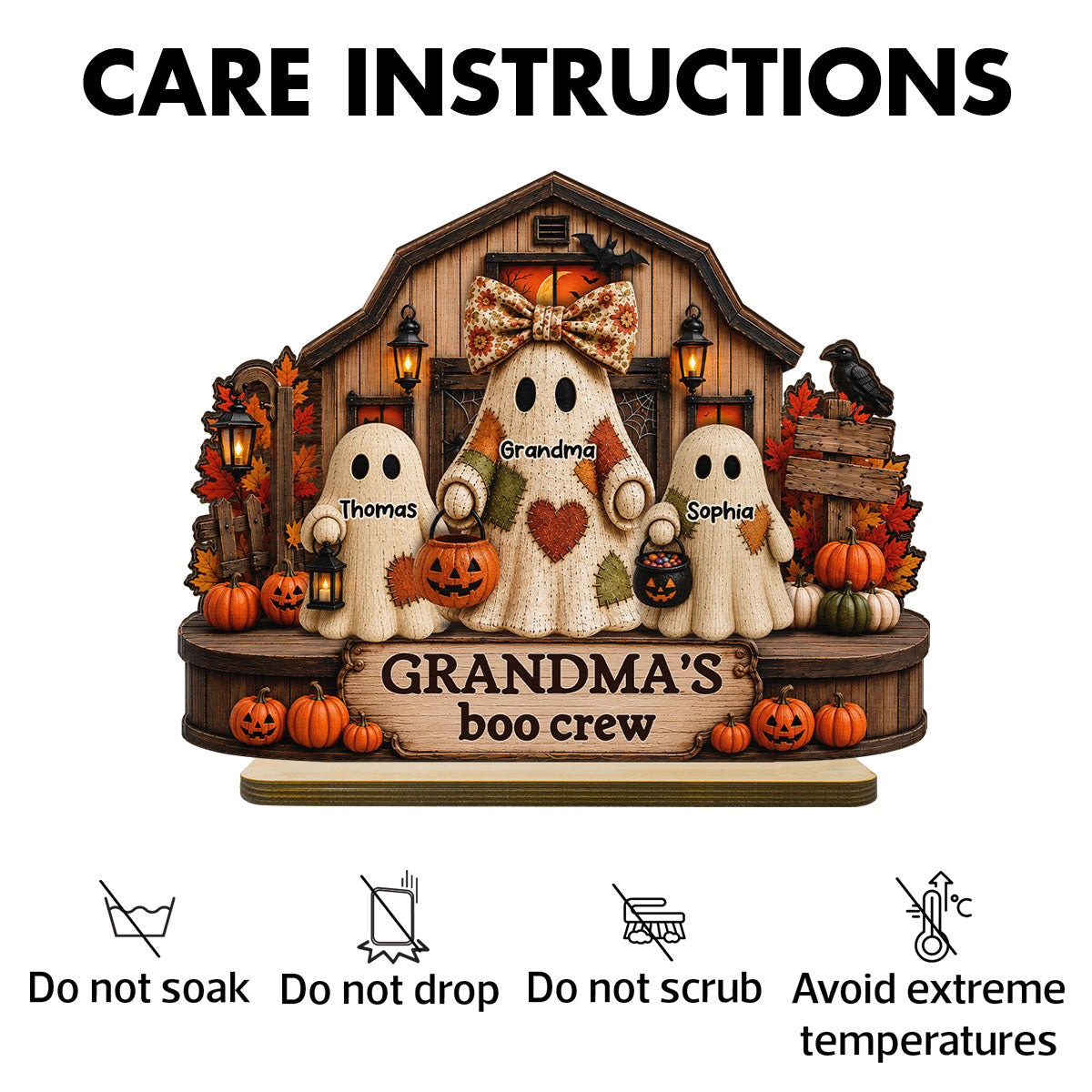 Fall Season Halloween Rustic Patchwork Style Grandma's Boo Crew - Personalized 2-Layered Wooden Plaque - Fall Halloween Decor For Grandma