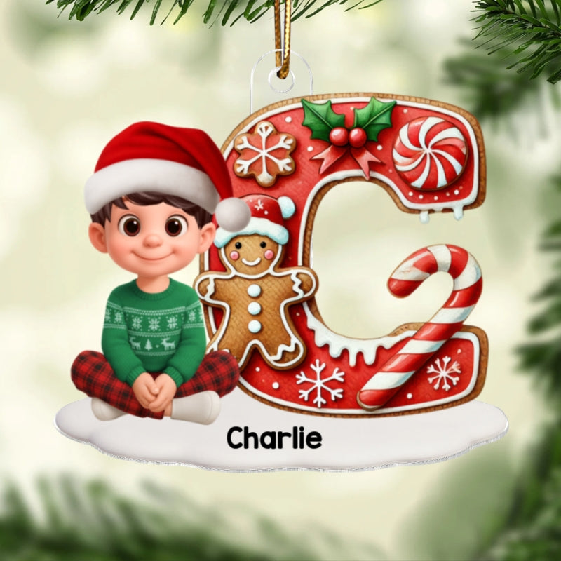 3D Effect Candy Cane Initial Letter Family Member Name - Personalized Acrylic Ornament - Unique Christmas Gift For Family