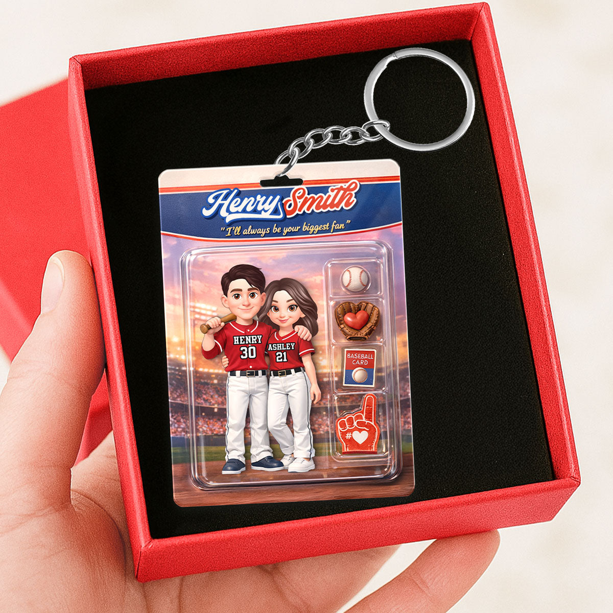 Baseball Couple I'll Always Be Your Biggest Fan Custom Action Figure - Personalized Acrylic Keychain - Sentimental Gift for Him