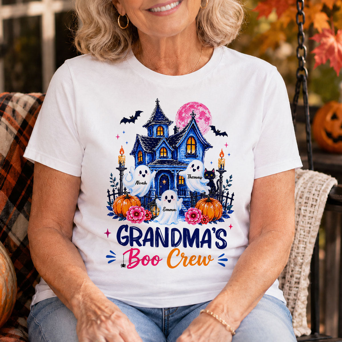 Grandma's Boo Crew Trendy Haunted House - Personalized Shirt - Halloween Shirt for Grandma