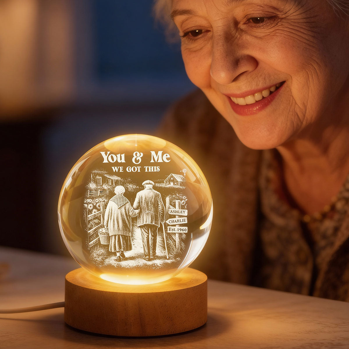 Old Couple Walking Growing Old Together - Personalized Crystal Ball LED Night Light, Heartfelt Valentine's Day Gift For Couple, For Him, For Her