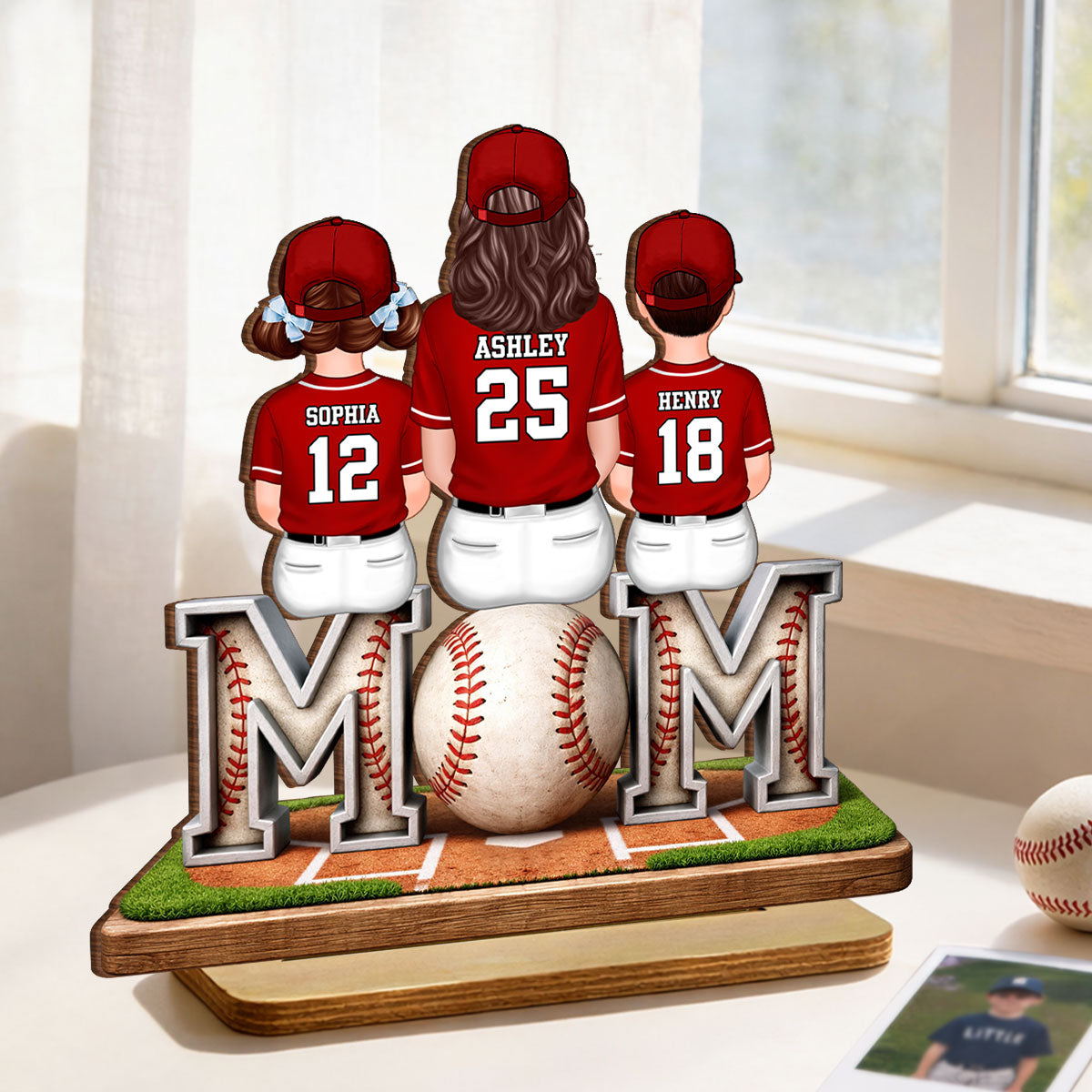 Baseball Mom And Kids Sitting - Personalized 2-Layered Wooden Plaque - Gift For Baseball Mom