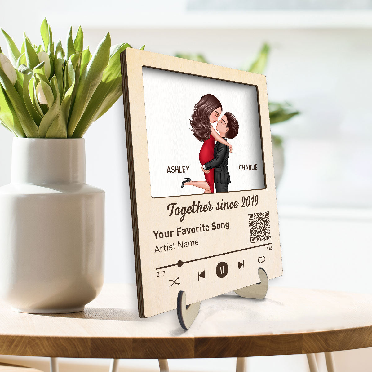 Couple Kissing Favorite Song QR Code  Gift Personalized 2-layer Wooden Plaque