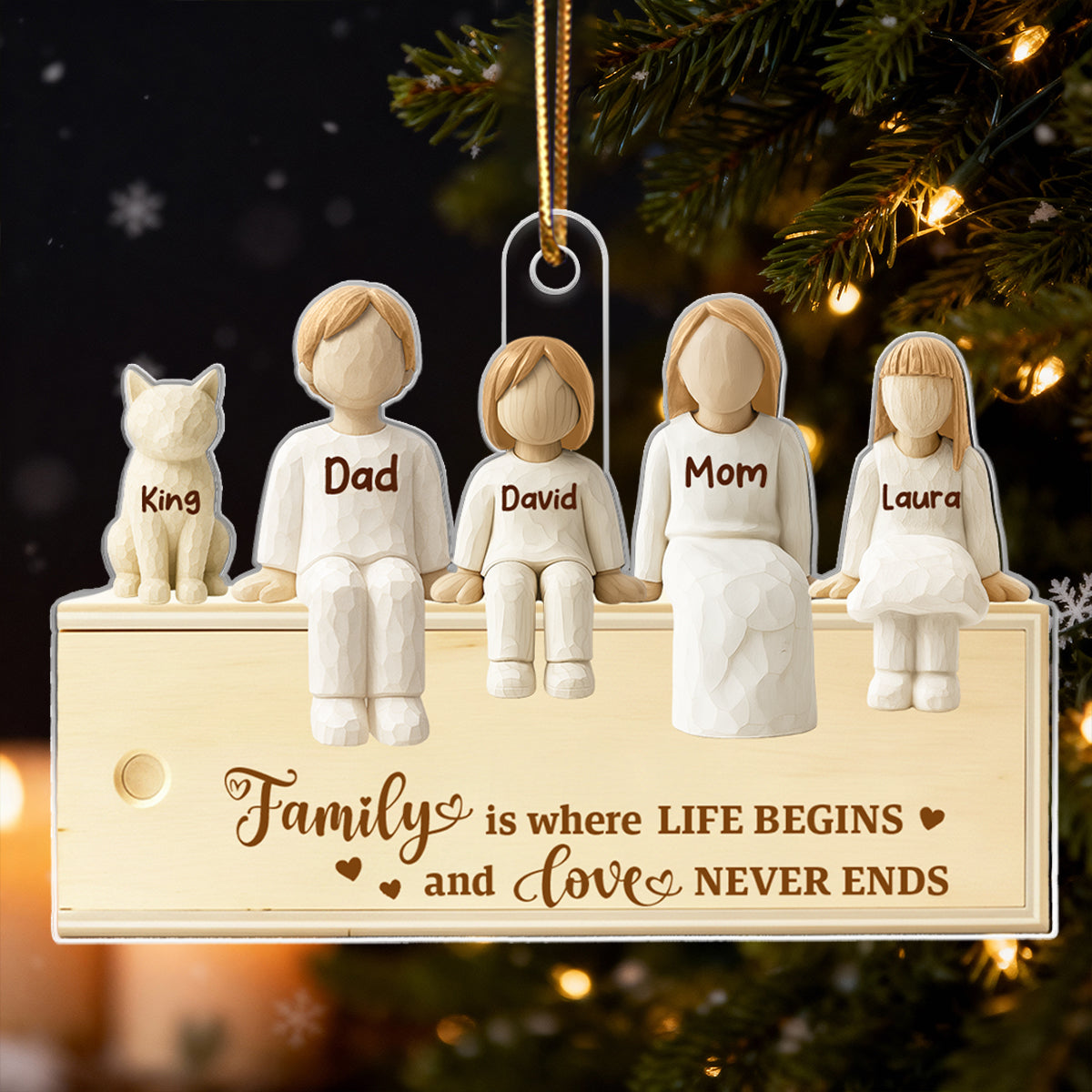 Family Together Wooden Figurines - Personalized Acrylic Ornament - Heartwarming Christmas Gift For Family