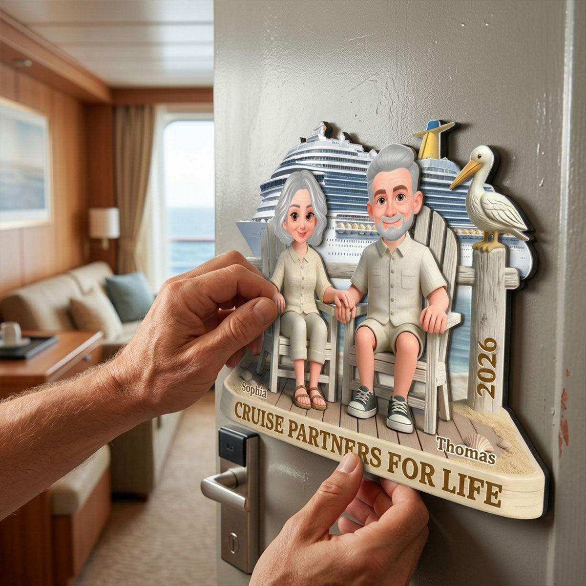 Old Couple Sitting On The Beach - Personalized Cruise Cabin Door Magnet - Anniversary Cruise Keepsake