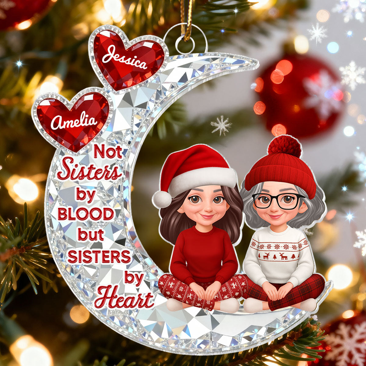 3D Shining Effect Besties Sitting On Moon - Personalized Acrylic Ornament - Gift For Best Friends, Matching Ornaments For Group Of Besties